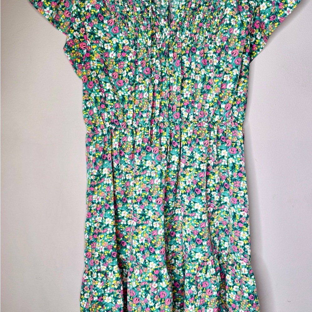 Umgee Multi Flower Print Ruffle Tiered Dress V-Neck Ruffle Front Tie Front Small